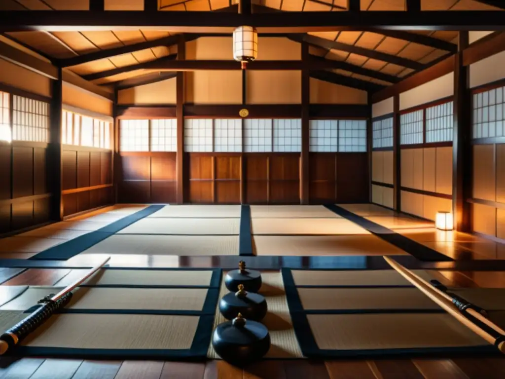Exploración de antiguos dojos en Japón, samuráis practicando Katori Shintoryu en un dojo tradicional con espadas y armaduras