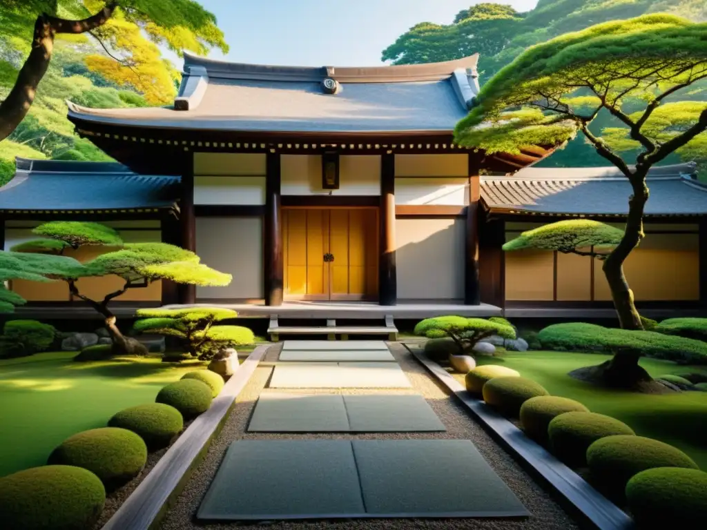 Exploración de la serena belleza de un antiguo dojo japonés entre exuberante vegetación, bañado por la cálida luz del sol