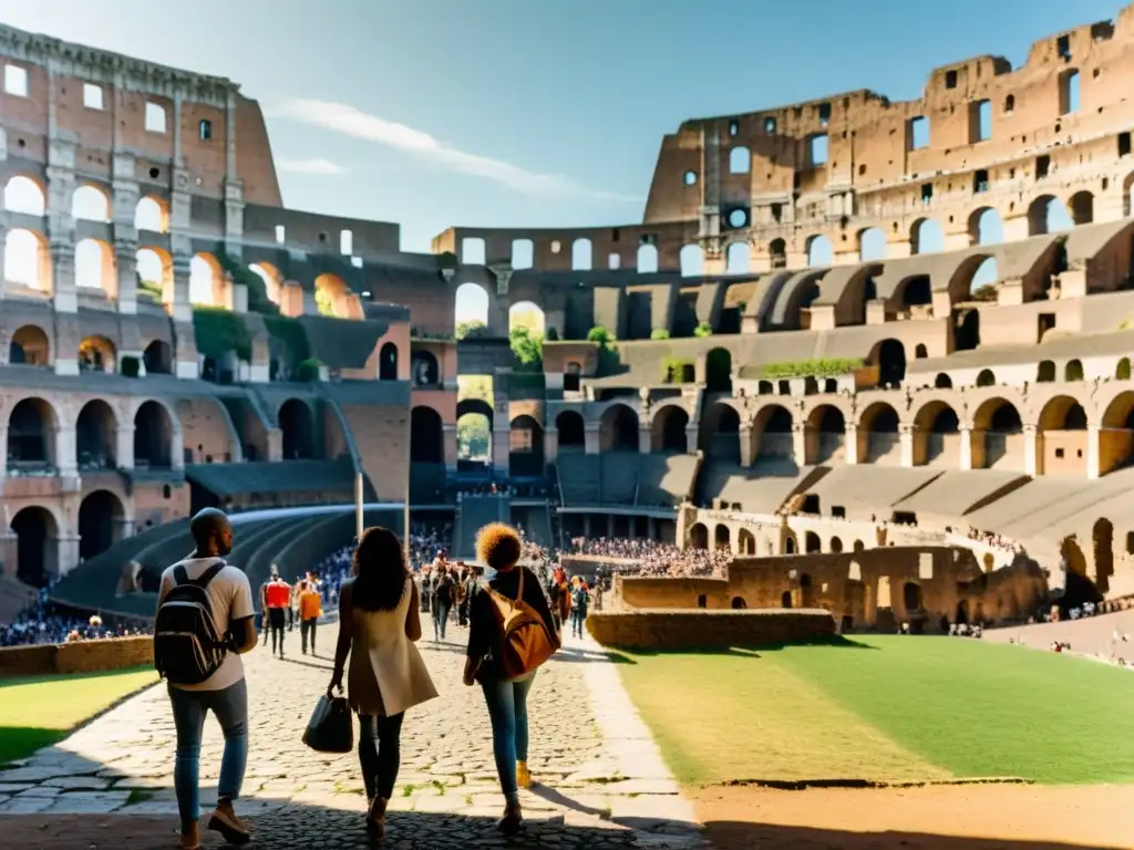 Exploradores modernos disfrutan de un viaje histórico en el Coliseo Romano, mostrando diversidad cultural y asombro ante la grandeza antigua