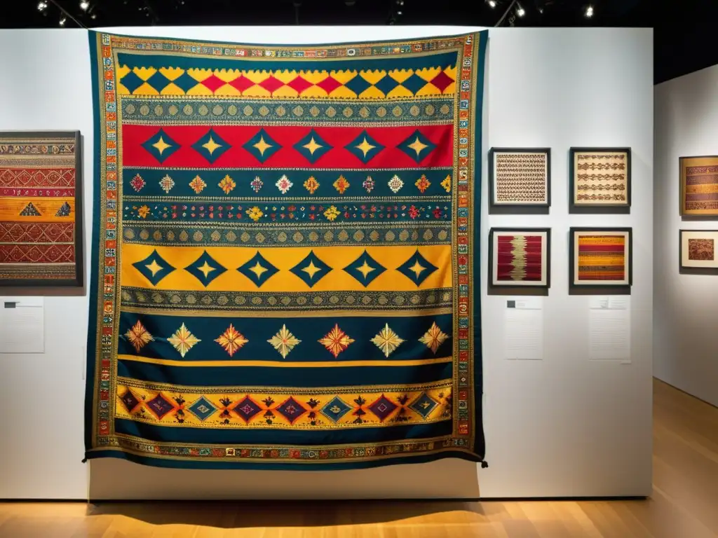 Exposiciones arte tela étnica global: Fotografía documental de textiles étnicos vibrantes y detallados en una galería moderna