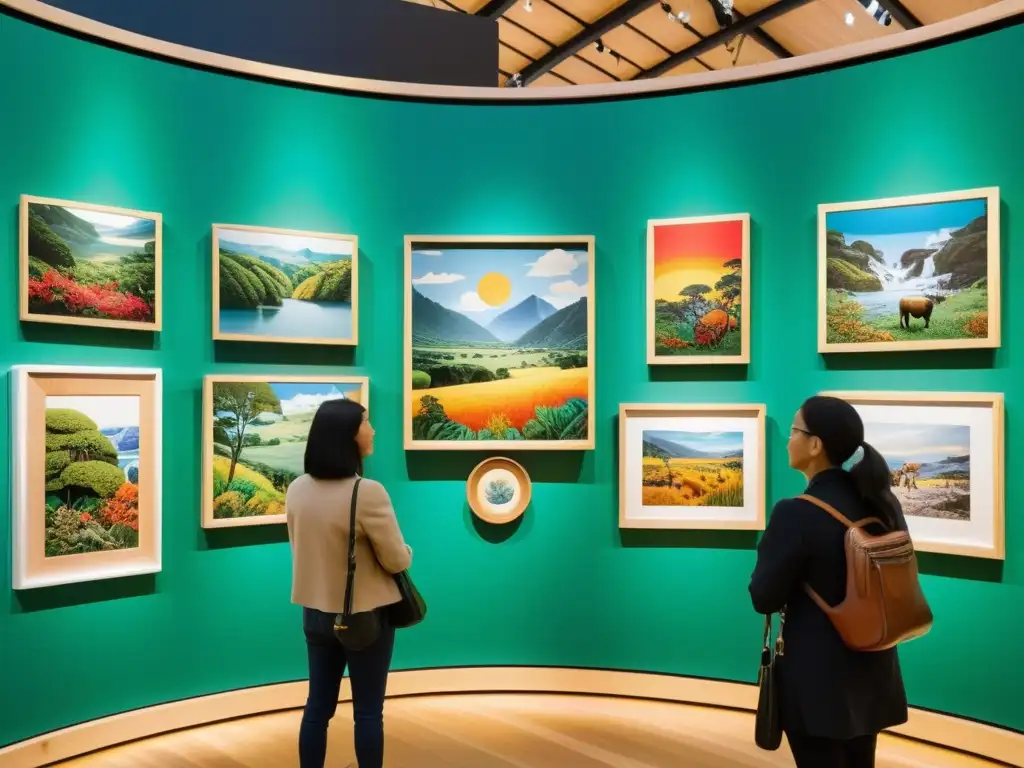 Exposiciones de arte étnico y naturaleza global en vibrante exhibición artística con visitantes admirando obras únicas