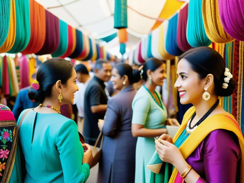 Exposiciones de arte en tela étnica global: festival textil vibrante y bullicioso, gente diversa y coloridos puestos de tela