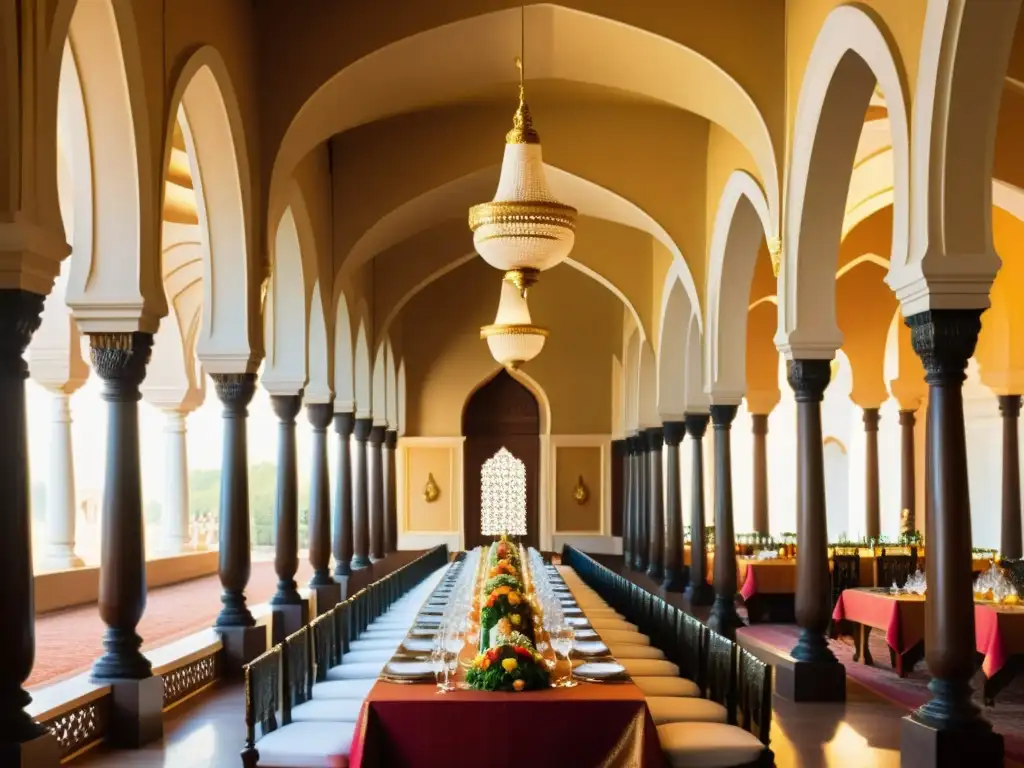 Exquisita cocina de los Maharajás India en un suntuoso salón real con pilares tallados y mesa lujosamente servida