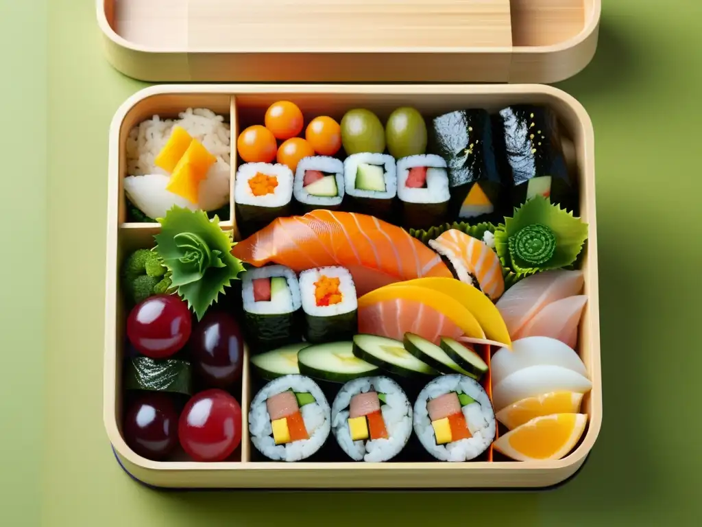 Una exquisita presentación de un bento japonés con sushi, sashimi y vegetales encurtidos, destacando la estética en la presentación de platos