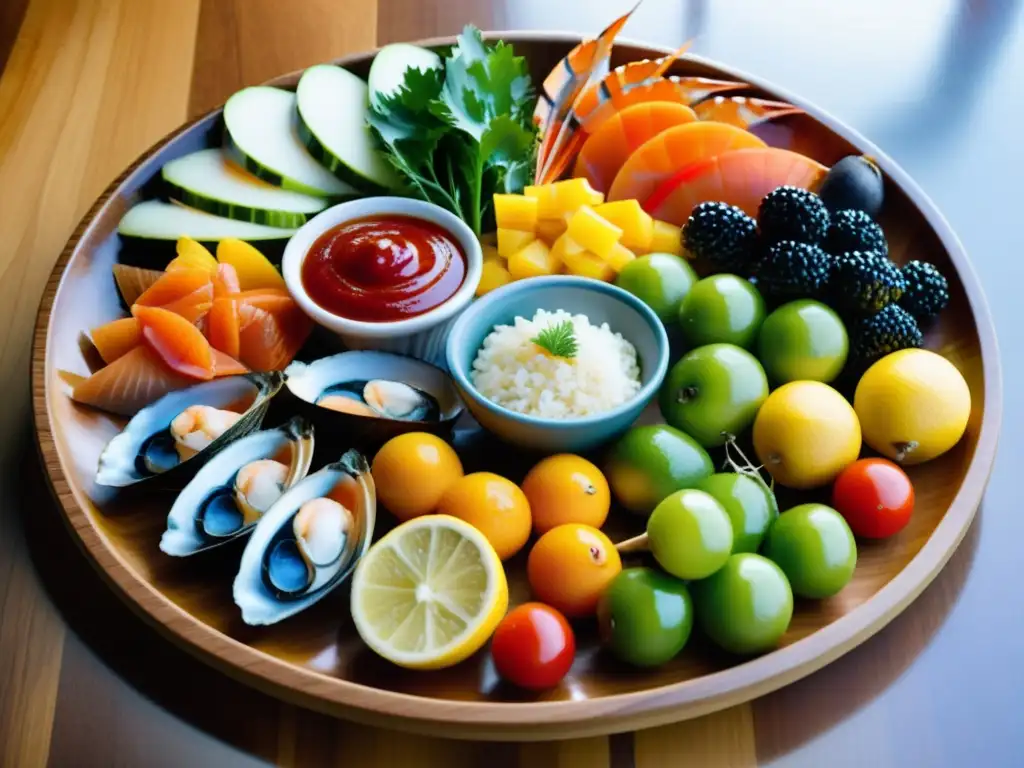 Exquisita presentación de mariscos y frutas en platos de cerámica y madera del Pacífico, destacando la artesanía y la gastronomía de la región