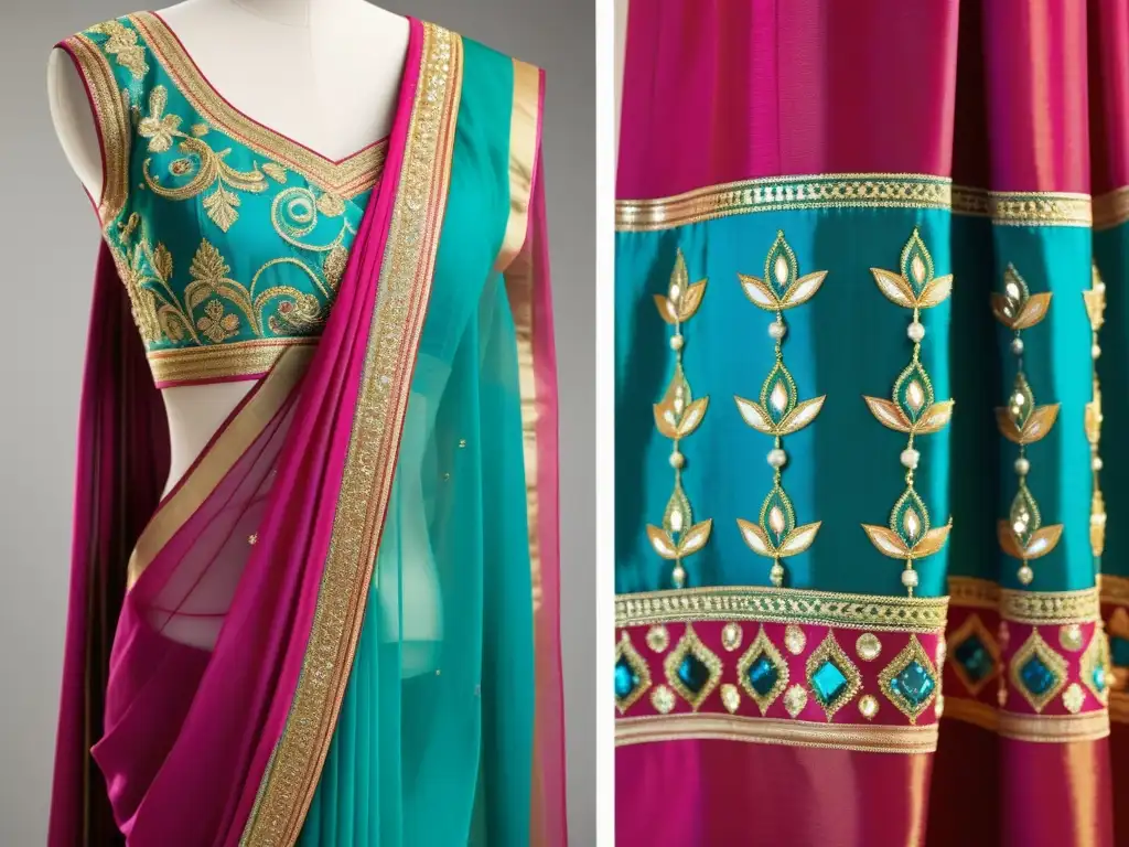 Una exquisita sari bordada en tonos vibrantes de fucsia, turquesa y oro, muestra la rica herencia cultural de las vestimentas tradicionales de la India con su artesanía detallada y elegancia fluida