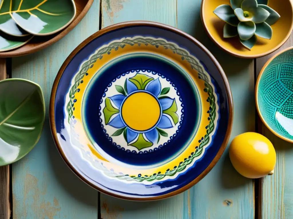Una exquisita vajilla mexicana de Talavera contemporánea, con diseños florales y geométricos en tonos azules, amarillos y verdes