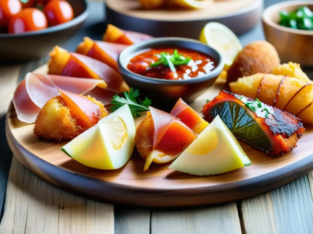 Una exquisita variedad de coloridas tapas españolas en una tabla rústica, resaltando la cultura del tapeo en España