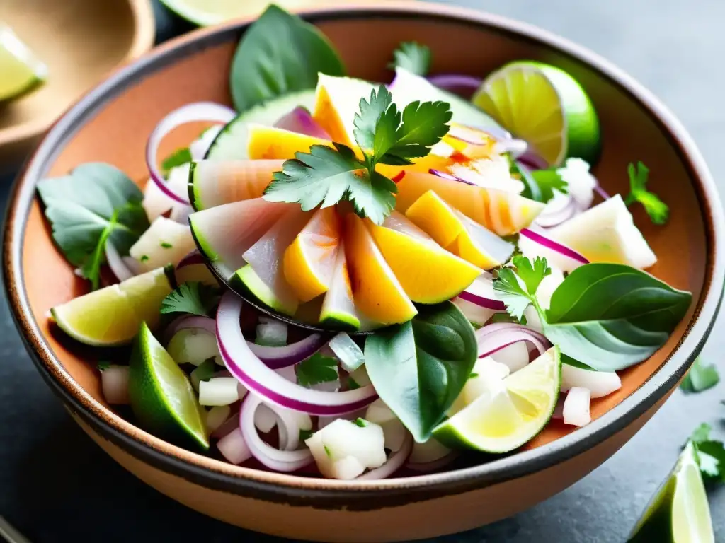 Exquisito ceviche del Pacífico con influencia occidental en un tazón de barro artesanal, limones, cilantro y cebolla roja finamente picada