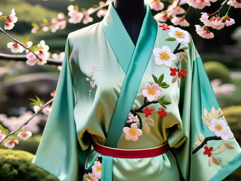 Exquisito kimono de seda con motivos florales y naturales, reflejando la moda tradicional japonesa kimono y su elegancia atemporal