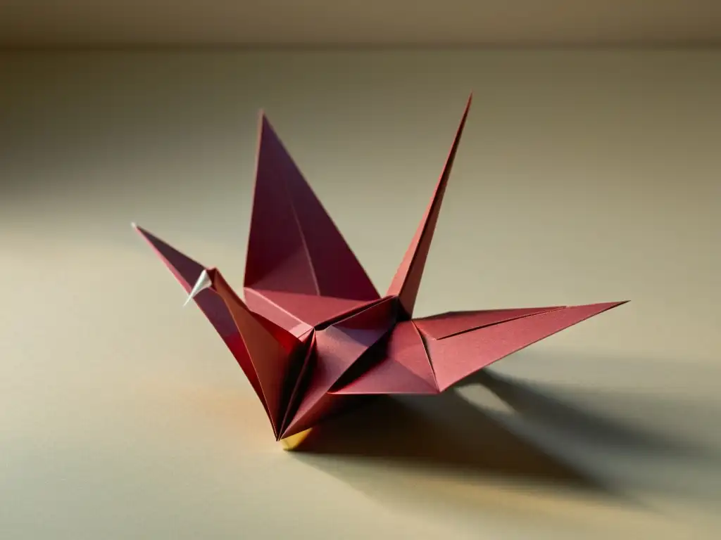 Un exquisito origami de grulla roja que transmite la gracia y la artesanía del origen y evolución del origami japonés