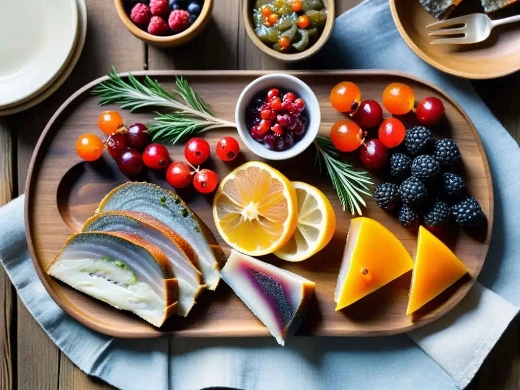 Un exquisito smörgåsbord nórdico con arenque encurtido, salmón ahumado, bayas silvestres y pan de centeno