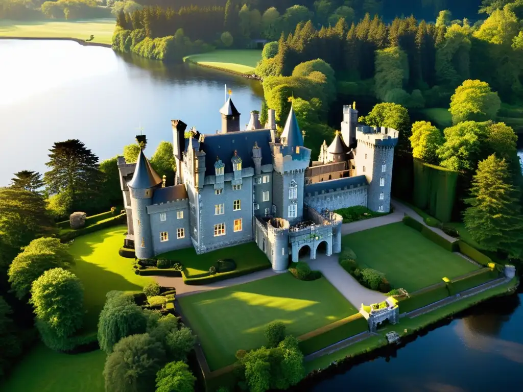 Exterior del majestuoso Ashford Castle en Irlanda, bañado por la luz dorada, resaltando su arquitectura medieval y exuberante entorno