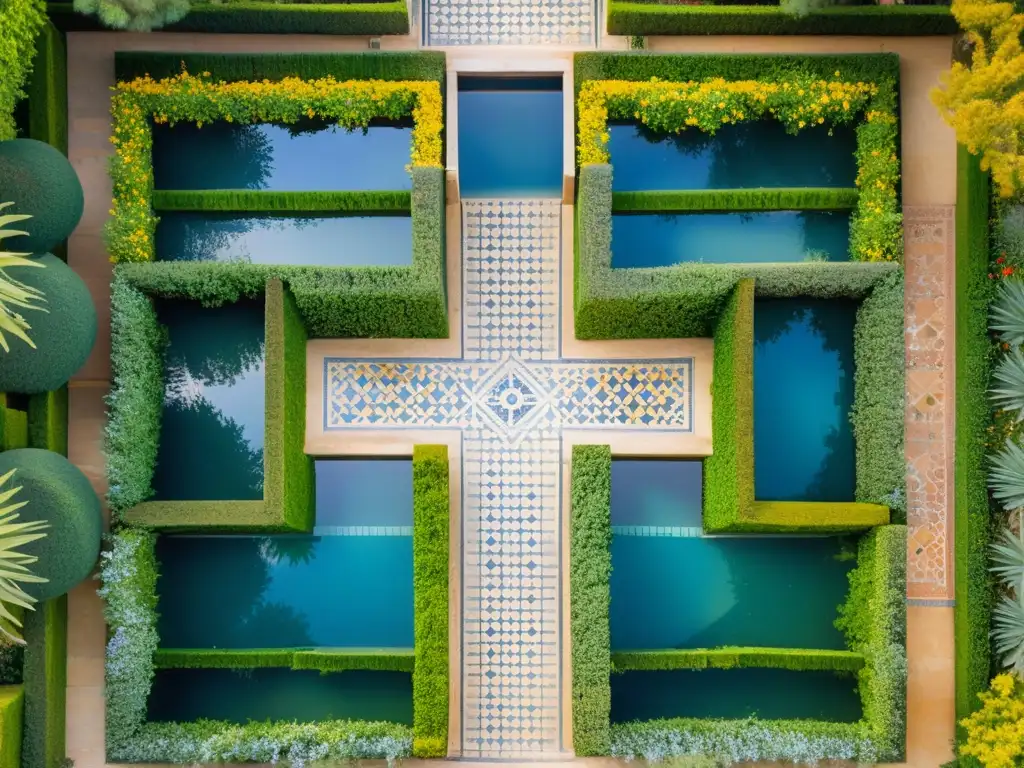 Jardín andalusí: diseño simétrico, vegetación exuberante, agua y arquitectura que transmiten significado espiritual en la cultura islámica