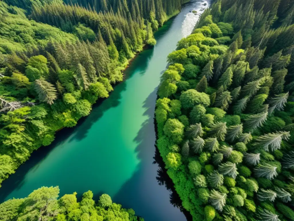 Un exuberante bosque Tlingit en 8k, con árboles imponentes, río y luz filtrándose