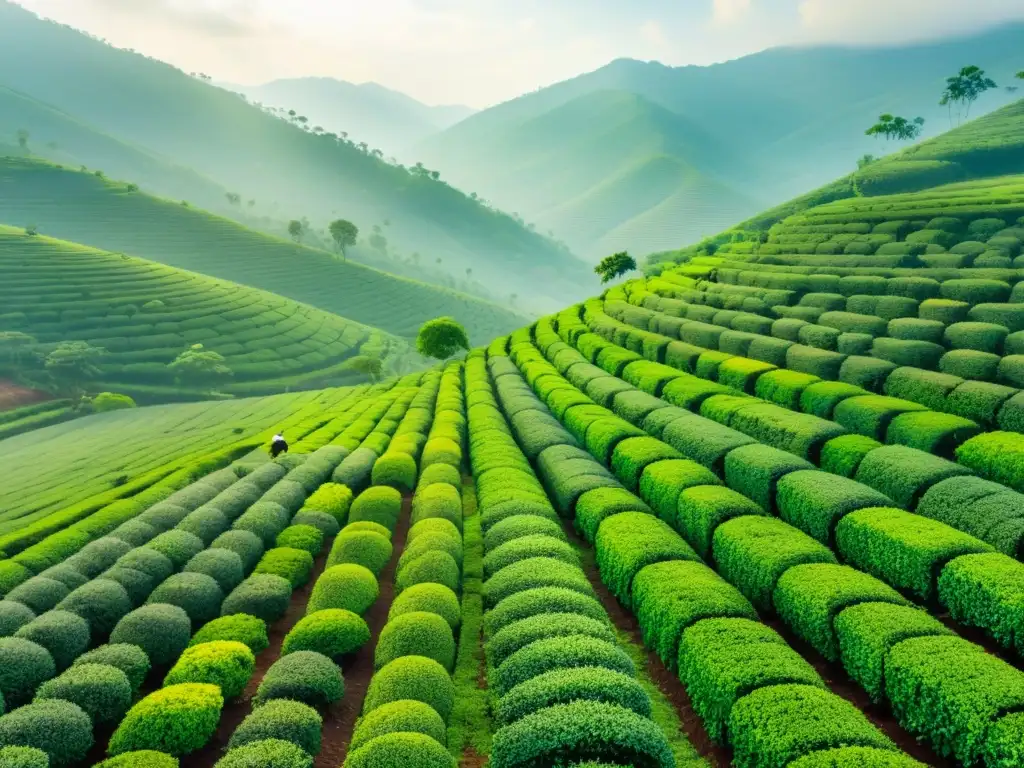 Plantación de té exuberante en la India, con trabajadores recolectando hojas de té entre un paisaje pintoresco de colinas brumosas