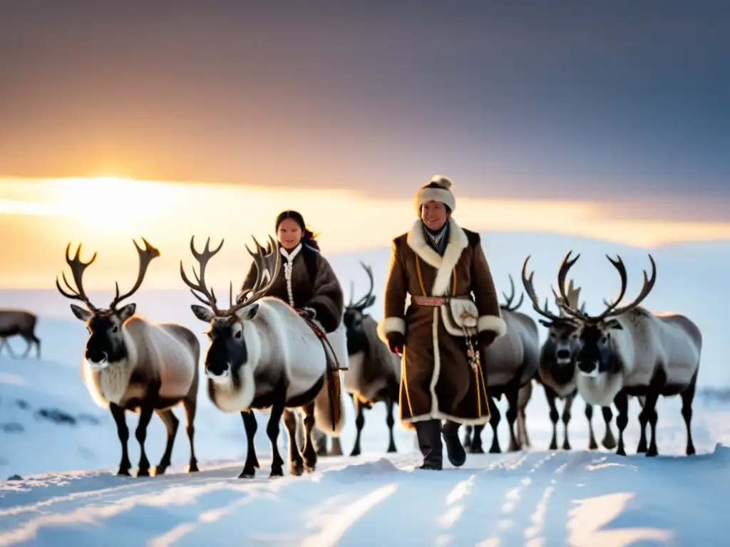 Una familia Dolgan con atuendos tradicionales entre renos en la tundra nevada