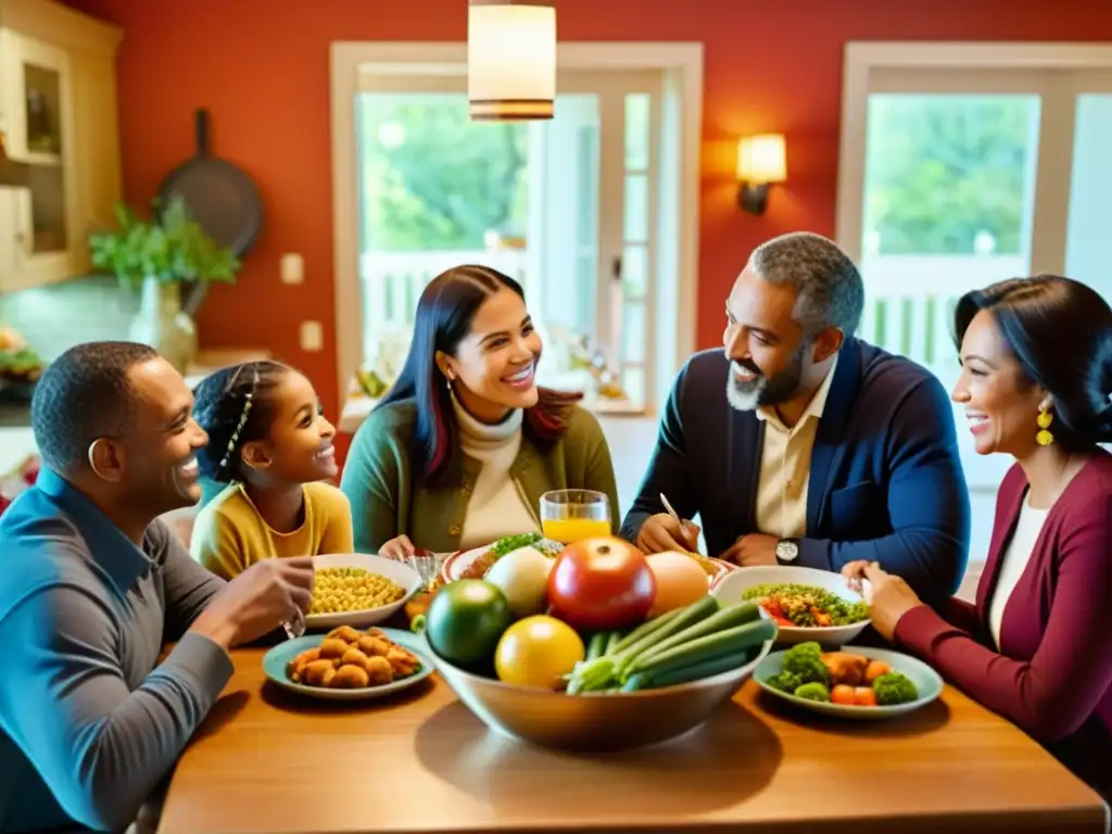 Una familia compartiendo una comida en una cocina acogedora, reflejando tradiciones familiares en pensiones