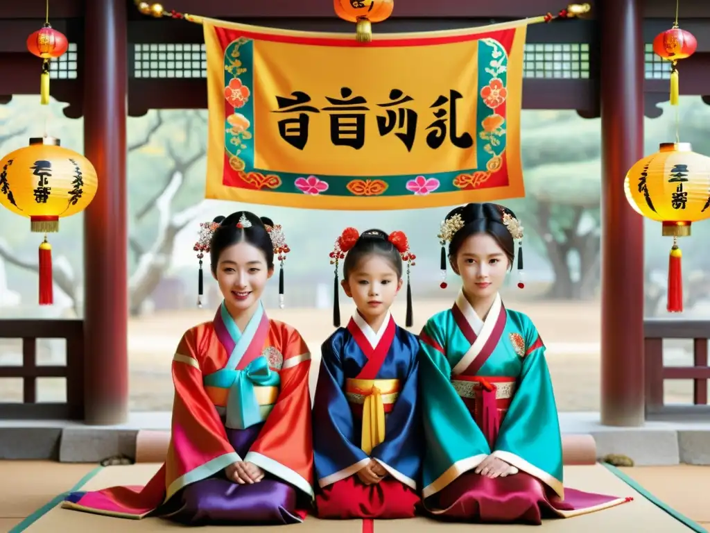 Una familia coreana con hanboks tradicionales realiza reverencias en un hermoso altar ancestral, rodeados de decoraciones coloridas y faroles