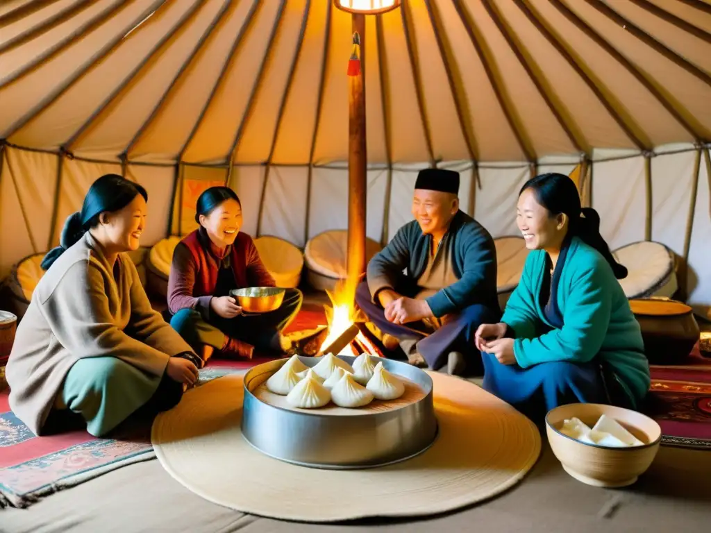 Una familia disfruta de una festín en un yurt mongol tradicional, con buuz y productos lácteos, creando una atmósfera cálida y cultural