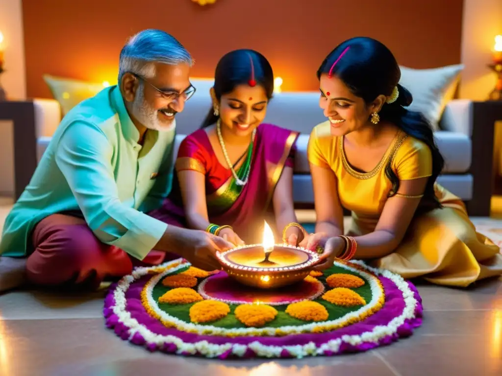 Una familia se reúne alrededor de una hermosa diya de Diwali en su hogar, con ropa tradicional y rangoli en el suelo