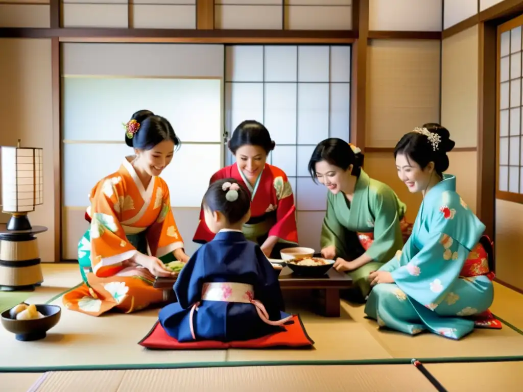 Una familia japonesa celebra Rituales de Año Nuevo en Japón, vestidos con kimonos y preparando platos tradicionales alrededor de una mesa