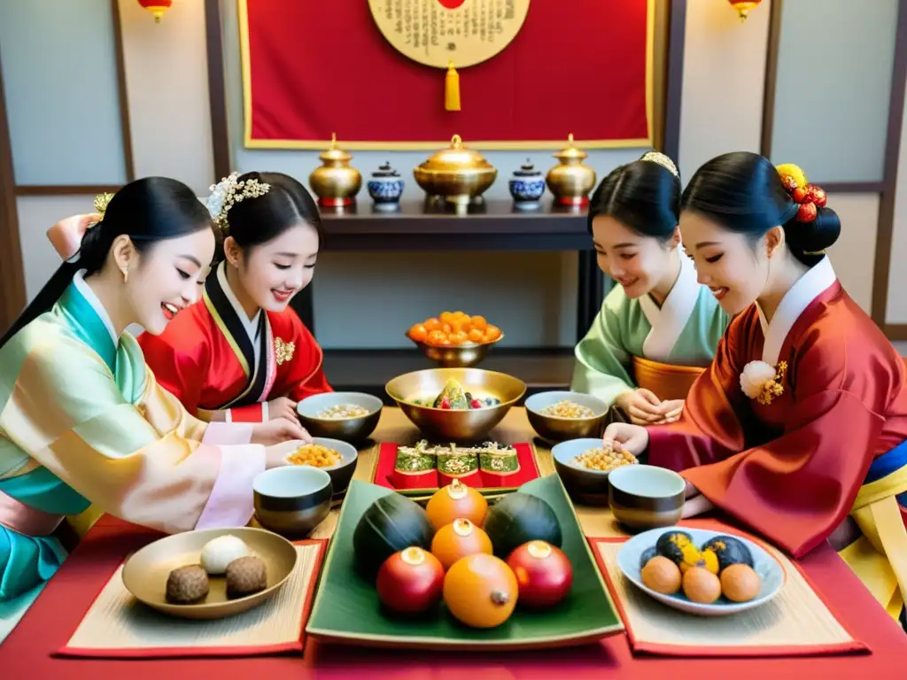 Una familia vistiendo hanbok se inclina ante una mesa decorada para el Seollal, mostrando las tradiciones del Año Nuevo Lunar en Corea