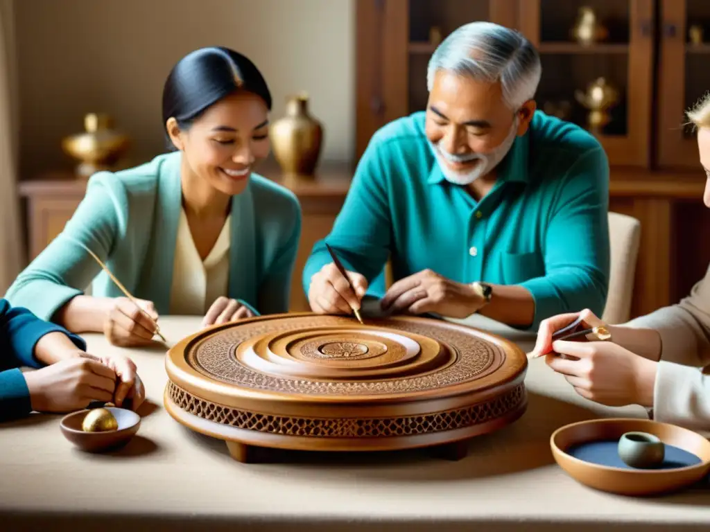 Una familia multigeneracional se reúne alrededor de una mesa de madera, admirando piezas de arte tradicional