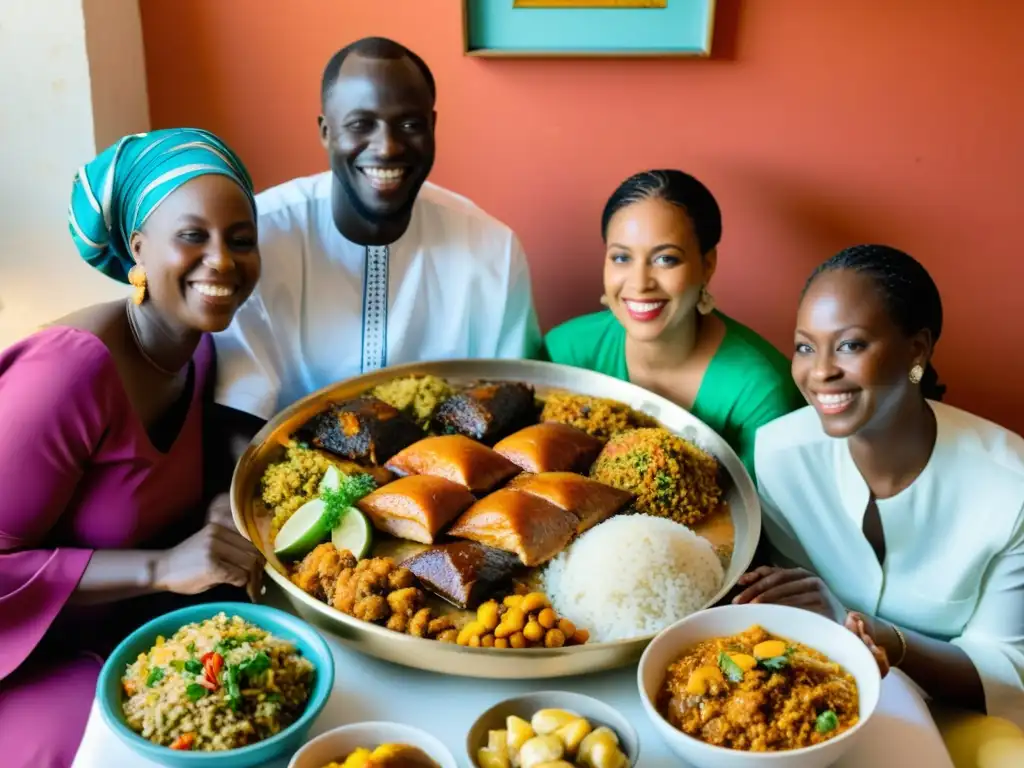 Una familia senegalesa comparte un festín tradicional, celebrando el ritual de hospitalidad en Senegal con platos vibrantes y cálida luz del atardecer