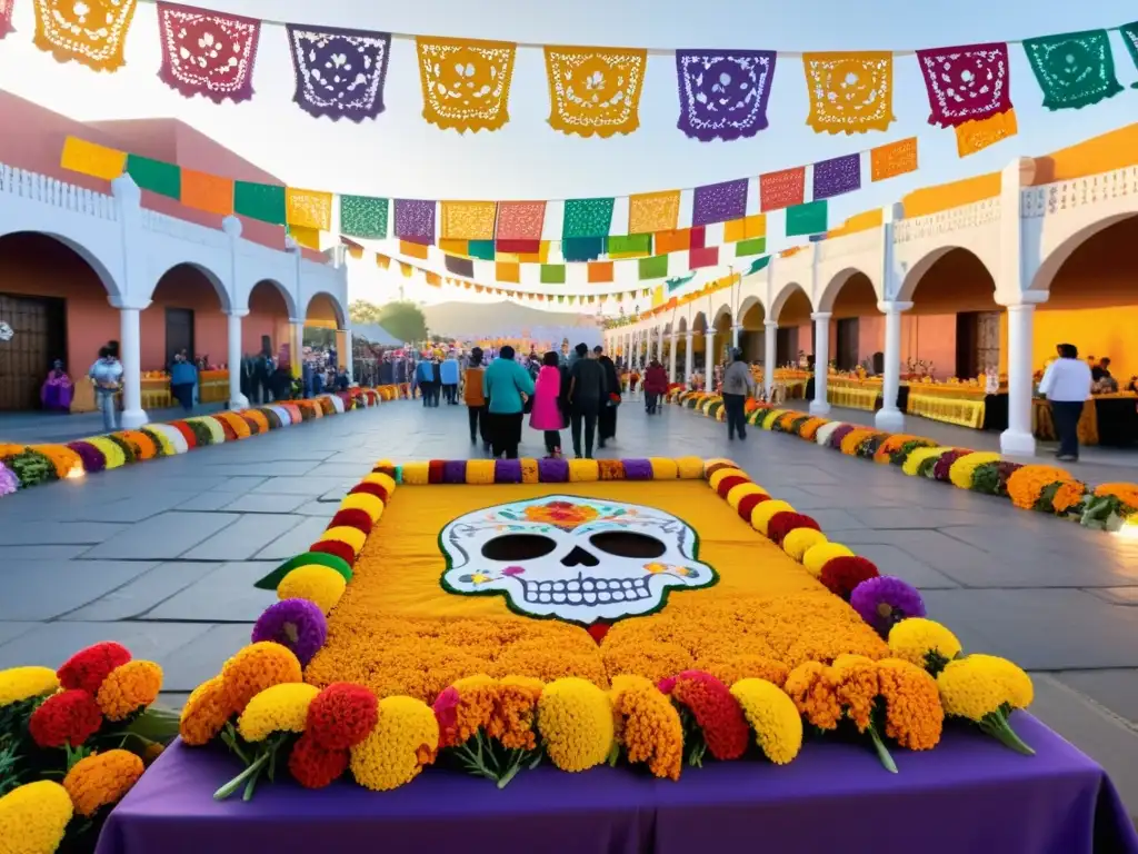Danza de los Muertos: Celebración en Plaza Mexicana Familias se reúnen en la plaza de México para la Danza de los Muertos, entre papel picado y altares coloridos en honor al Día de los Muertos
