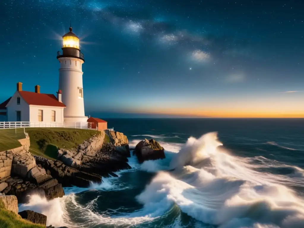 Majestuoso faro histórico iluminado en la noche Un faro histórico iluminado contra el cielo nocturno, con su luz atravesando el mar tumultuoso