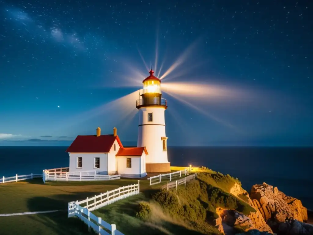 Esplendor nocturno: Faro histórico iluminado por la noche Un faro histórico iluminado por la noche proyecta su luz sobre el paisaje, evocando la experiencia de estancias en faros históricos nocturnos