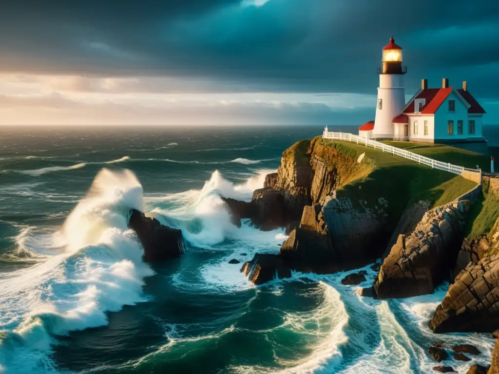 Faro histórico iluminado: 8k en el acantilado Farol histórico iluminado en acantilado nocturno, rodeado de olas y cielo dramático