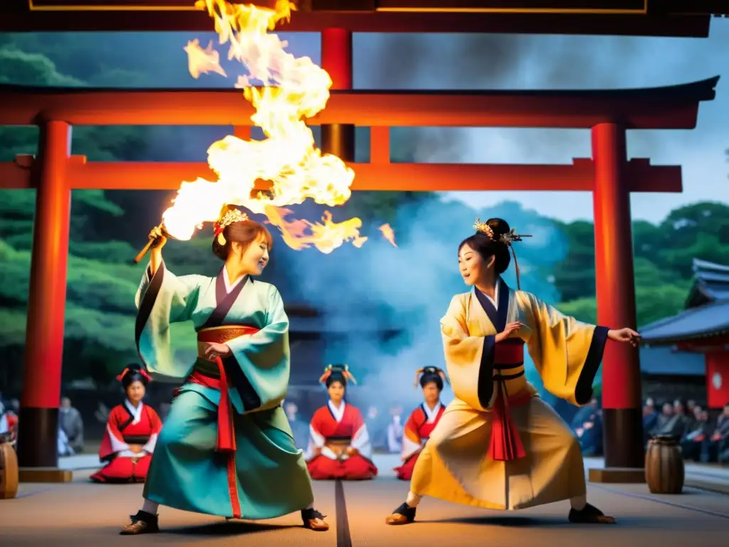 Fascinante actuación de Kagura en un santuario japonés, con danzas y vestimentas tradicionales, envuelto en una atmósfera mística