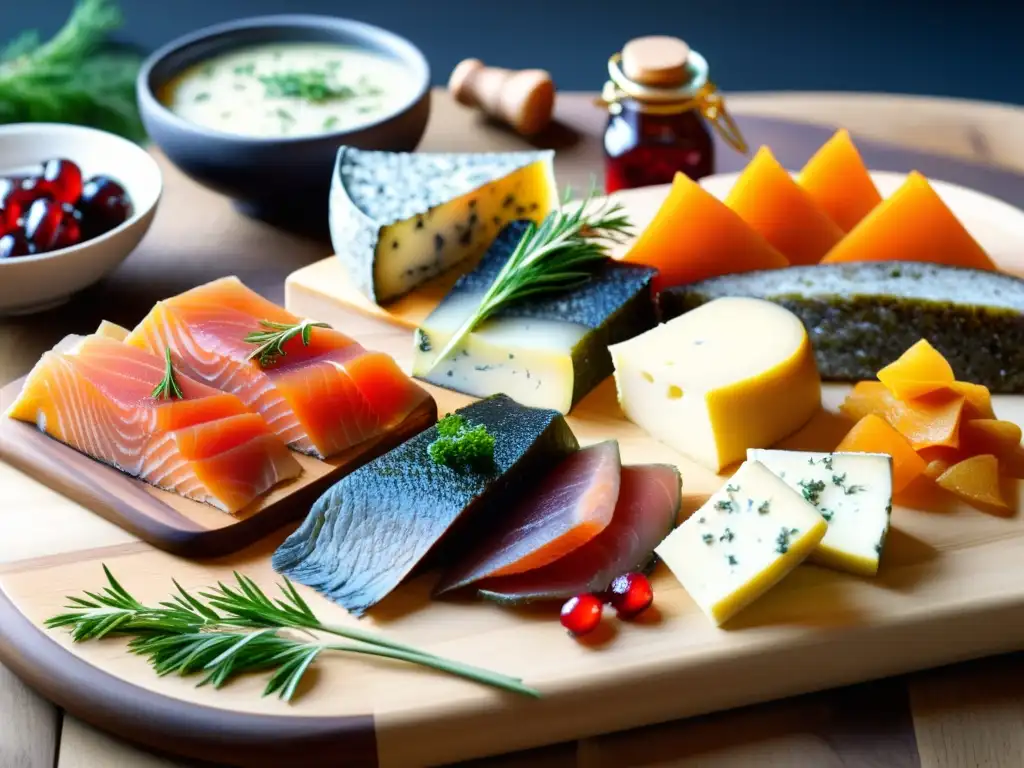 Un festín nórdico detallado con sabores vibrantes y coloridos, platos exquisitamente presentados en tablas de madera con hierbas frescas