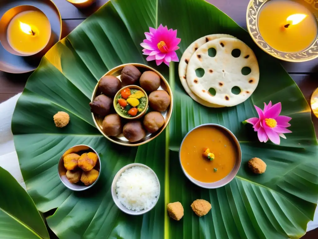 Un festín de platos tradicionales indios en hojas de plátano, adornado con decoraciones florales y velas doradas