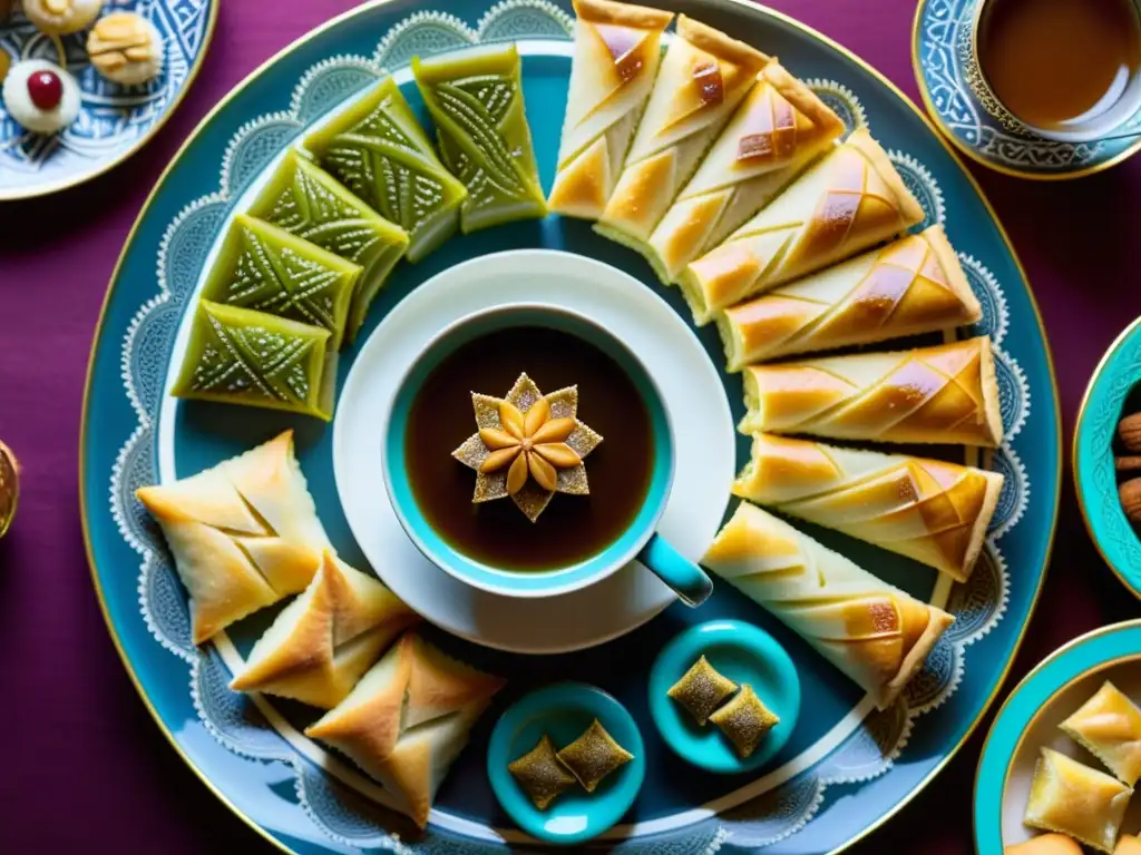 Un festín de postres tradicionales de Eid alFitr, como baklava, ma'amoul y kunafa, acompañado de café árabe