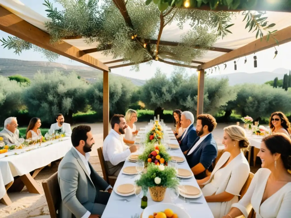 Una festiva celebración al aire libre de las costumbres matrimoniales de la Grecia Clásica, bajo olivos y con mesas adornadas y huéspedes coloridos