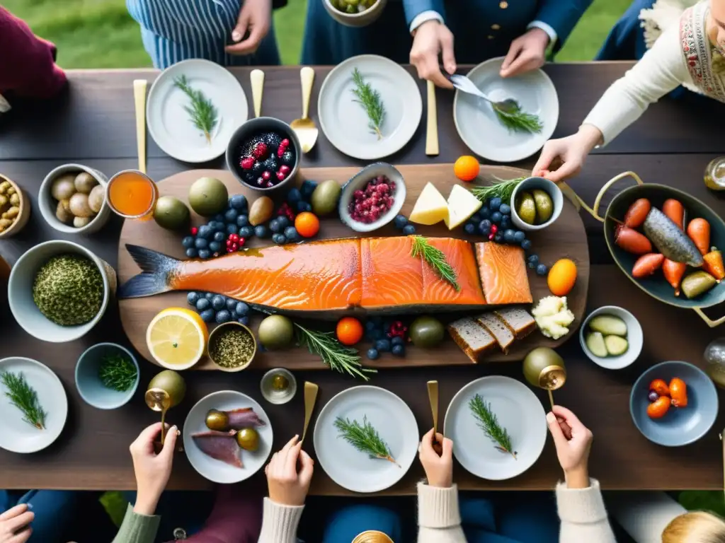 Una festiva cena nórdica con sabores de la cocina nórdica, rodeada de gente vestida con atuendos tradicionales, iluminada por cálida luz de velas