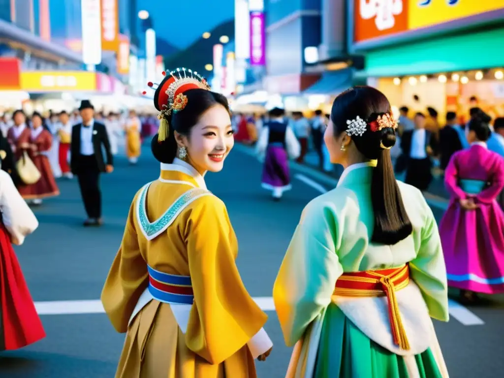 Festival de Cine de Busan: Escena vibrante y bulliciosa con trajes tradicionales y energía festiva en el Festival Internacional de Cine de Busan