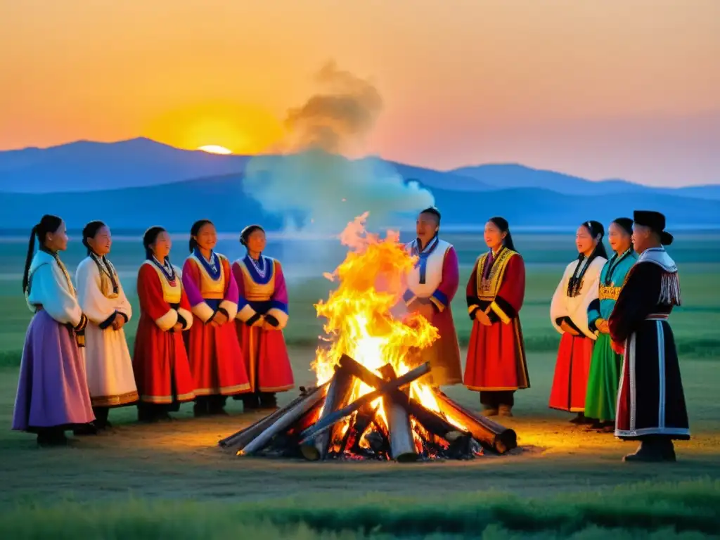 Festival Ysyakh en Yakutia: Comunidad Yakut en trajes tradicionales bailando y cantando alrededor de una gran fogata al atardecer