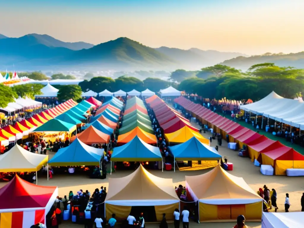 Un festival culinario al aire libre con puestos de comida coloridos, gente de diversas culturas y una atmósfera de intercambio cultural