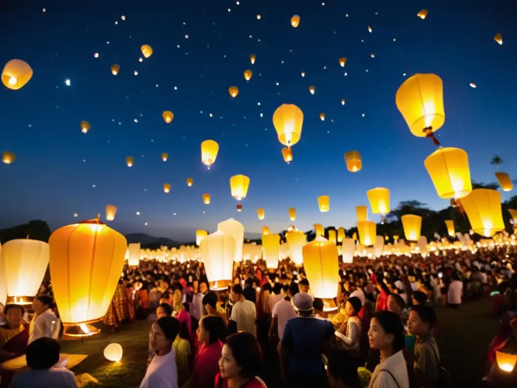 Festival de Farolillos Yi Peng en Tailandia: miles de farolillos flotando en el cielo nocturno, creando un espectáculo de colores y magia