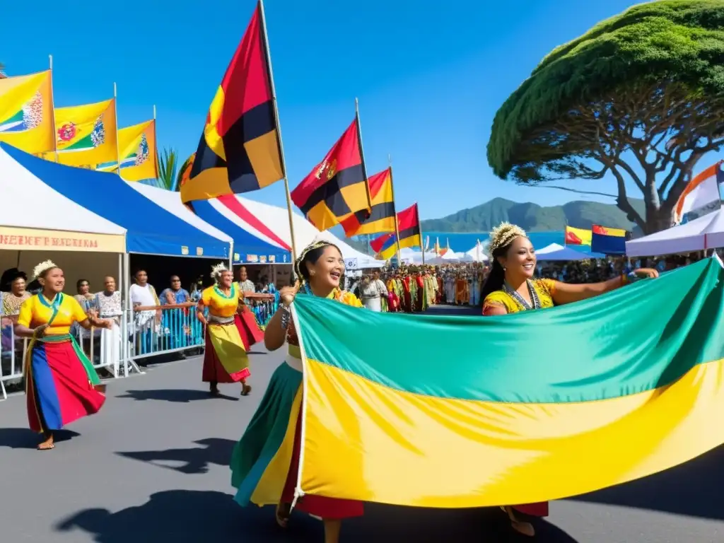 Un festival híbrido del Pacífico con gente diversa, música y bailes tradicionales, puestos de comida y artesanías en una calle animada al atardecer