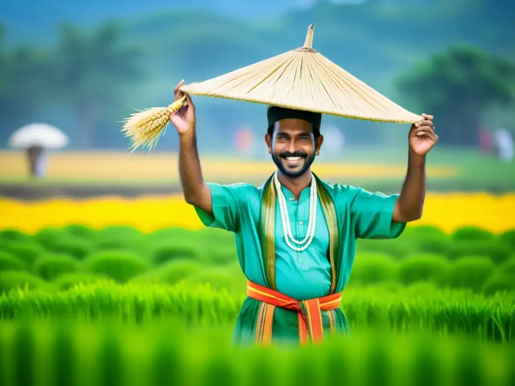 Festival de Pongal en India: Agricultores celebran la cosecha en un arrozal verde, realizando rituales tradicionales y luciendo atuendos coloridos