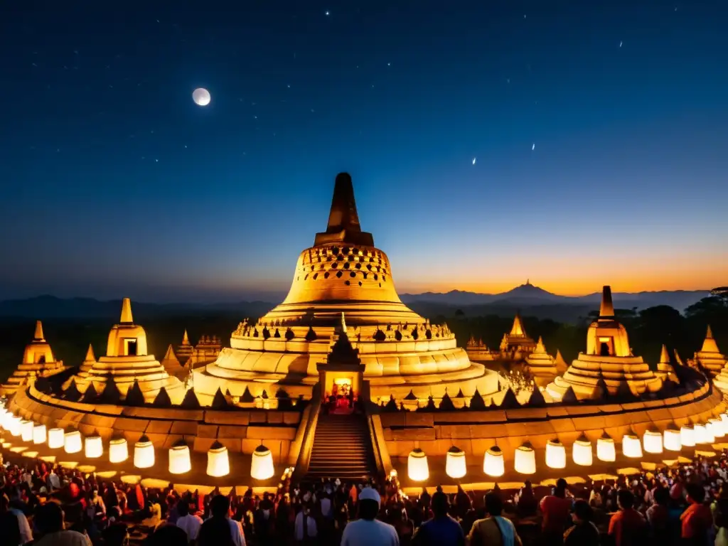 Festival de Waisak en Indonesia: Vista nocturna del Templo Borobudur iluminado por miles de linternas, con siluetas de personas y cielo estrellado