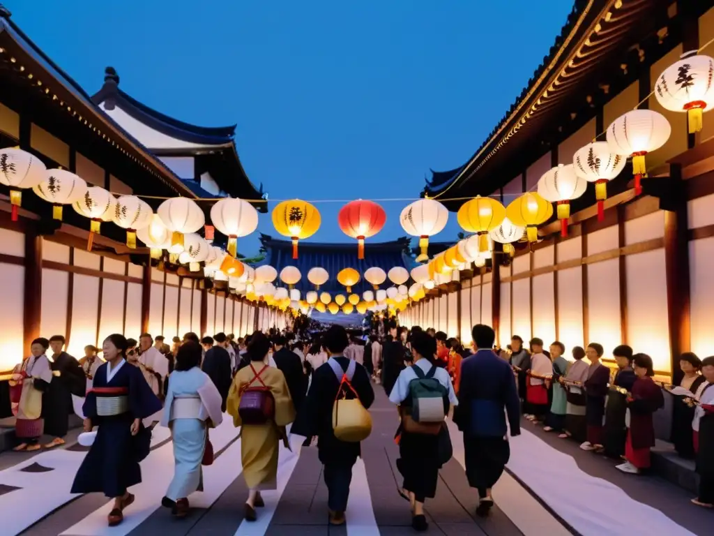 Festival de las linternas en Japón: Procesión con hermosas linternas de papel iluminando una calle histórica al anochecer, creando una atmósfera etérea y fascinante