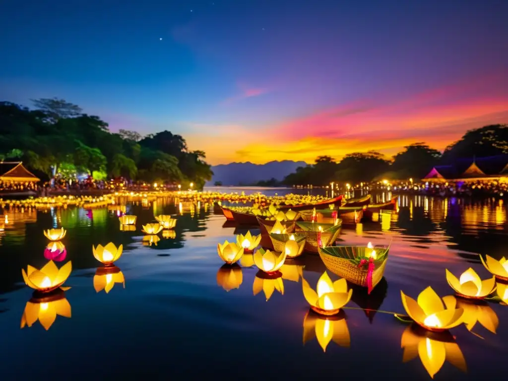 Un festival mágico de Loi Krathong en Tailandia: cientos de krathongs flotando en el río, iluminando una celebración tradicional