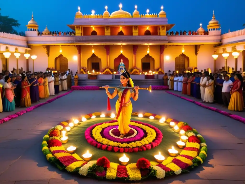 Festival Janmashtami tradición hindú: Patio del templo lleno de coloridas flores, lámparas y diseños de Rangoli, con devotos y estatua de Krishna