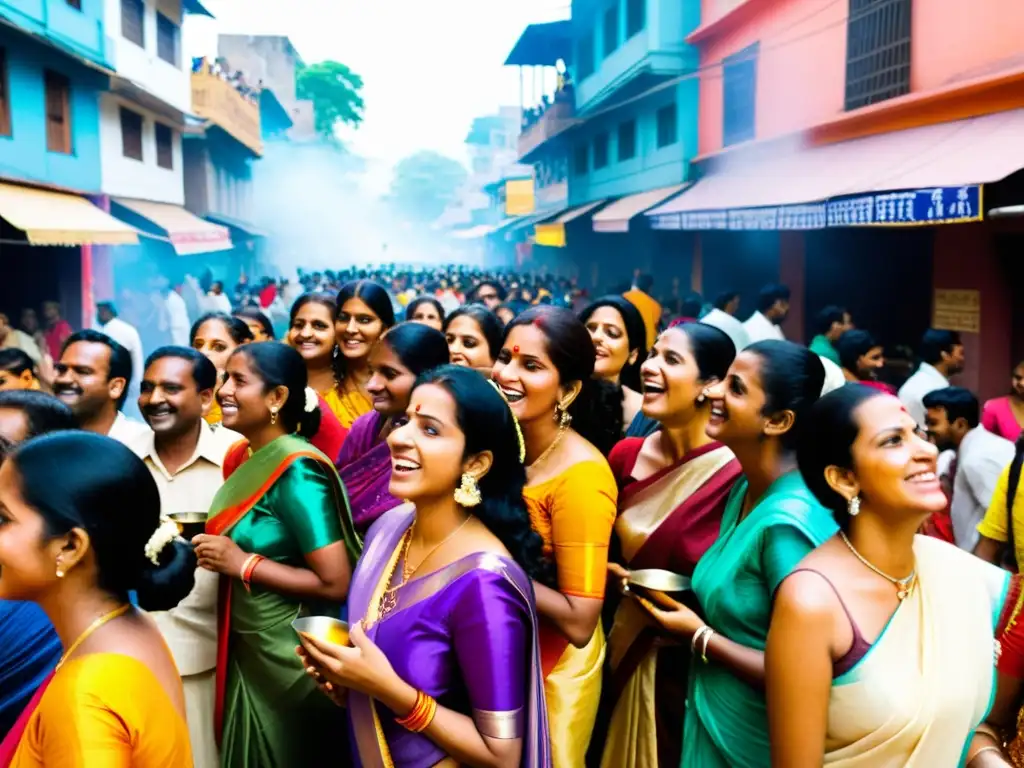 Festival de Nag Panchami: Devotos y tradición en la calle Festival de las Serpientes Nag Panchami: Devotos en bulliciosa calle india, vistiendo saris coloridos, listos para rituales ancestrales